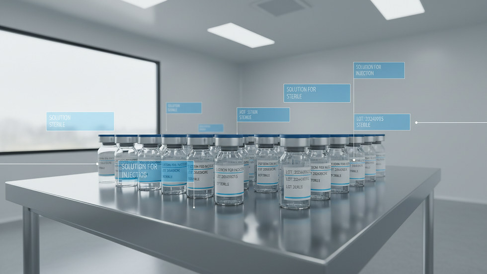 Close-up view of sterile injectable vials arranged in a cleanroom environment