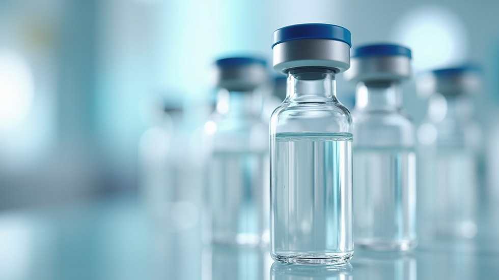 Eye-level view of a sterile pharmaceutical vial with clear liquid inside