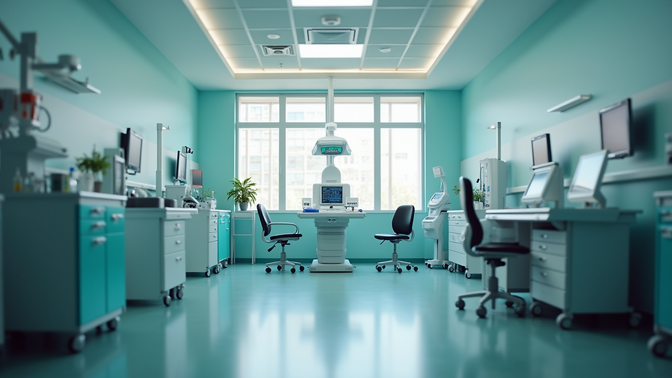 Eye-level view of a medical examination room filled with essential equipment