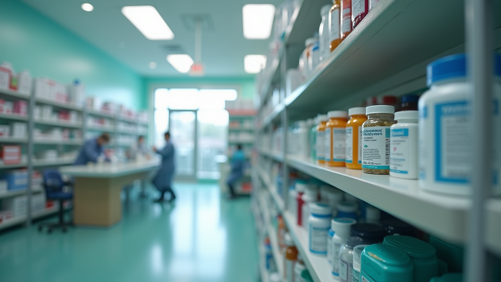 High angle view of a hospital pharmacy with essential medications on display