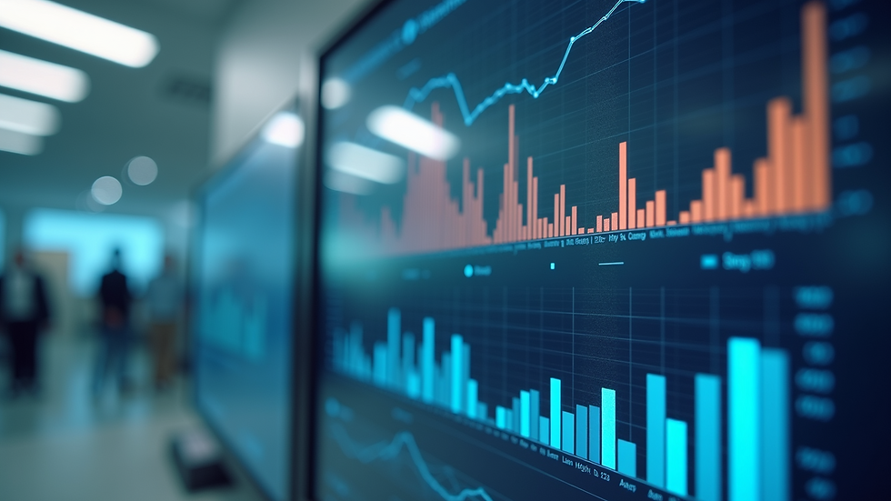 Eye-level view of a digital data analytics dashboard in a pharmaceutical company