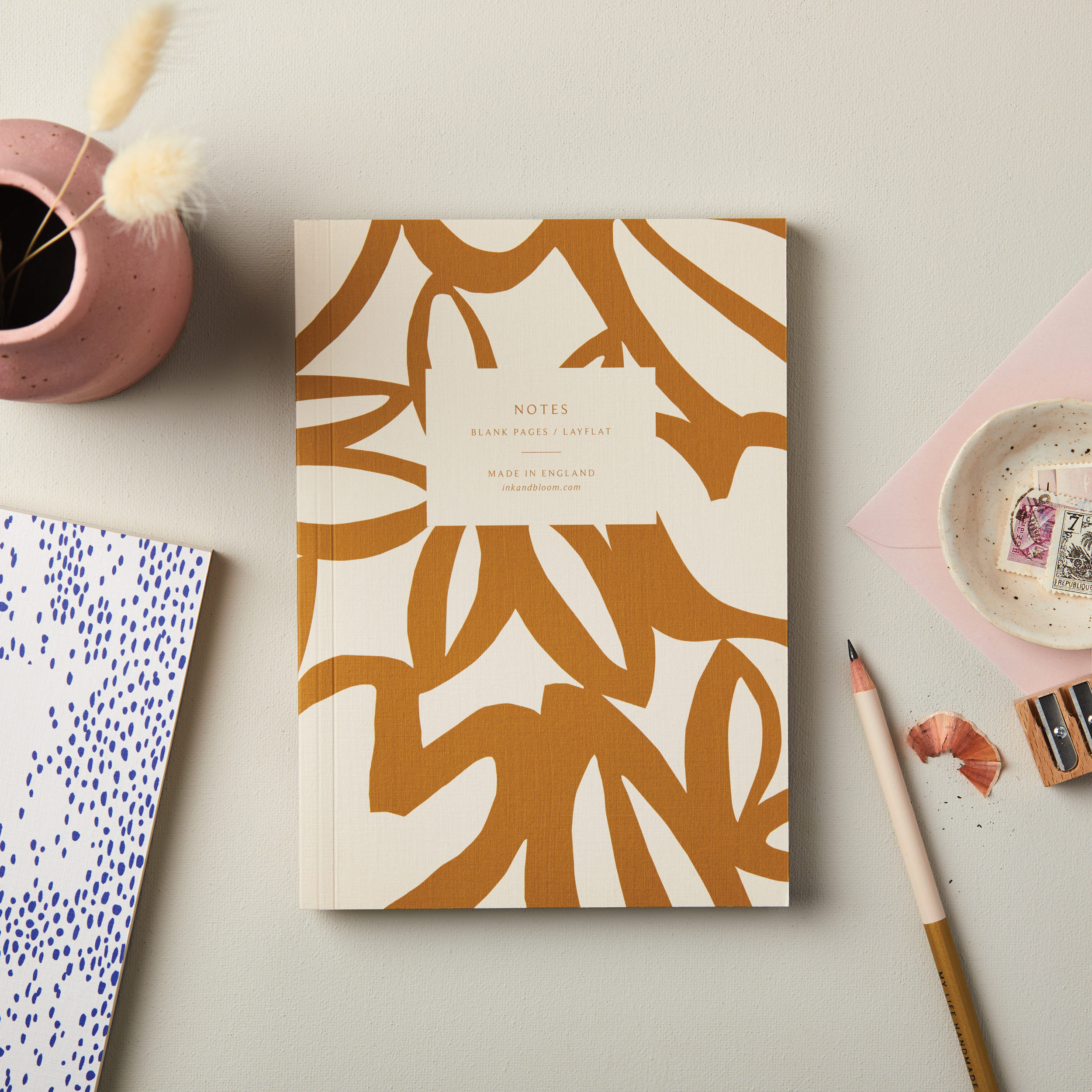 A5 Layflat Notebook Blank Mustard Floral & Cream