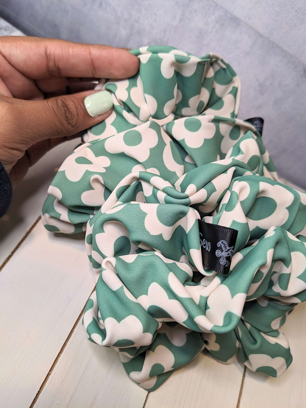 Thumbnail: Daisy print seafoam green swim scrunchie