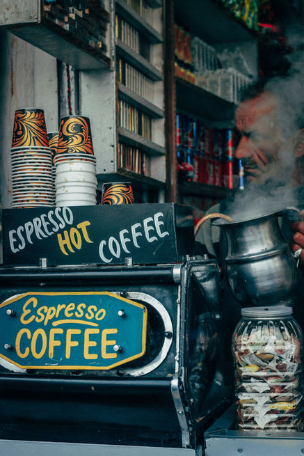Rustic espresso coffee stand with traditional Turkish coffee pots at Jane’s Espresso Bar in Bath