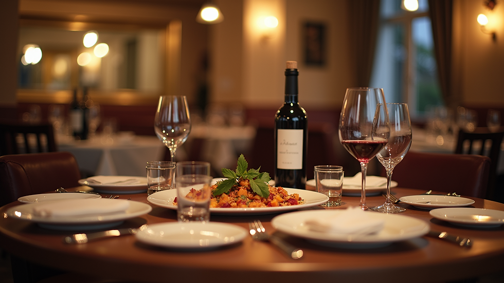 Blick auf einen gedeckten Tisch mit italienischen Gerichten und Wein in einem gemütlichen Restaurant