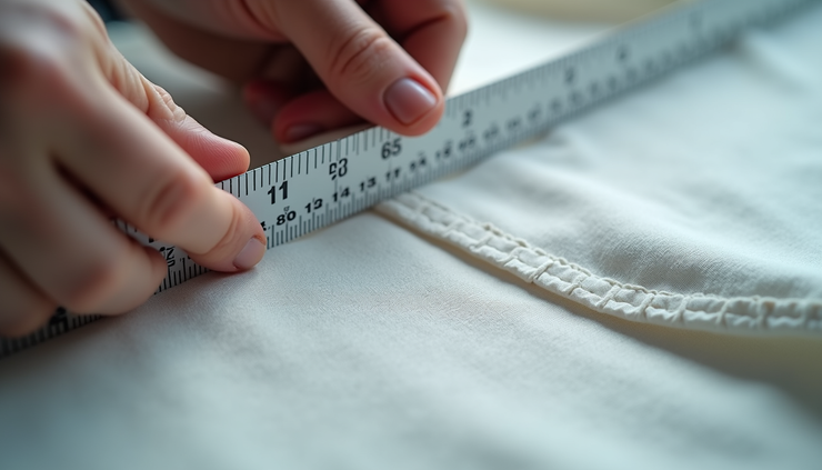 Close-up view of stretch fabric being measured with a ruler in centimeters