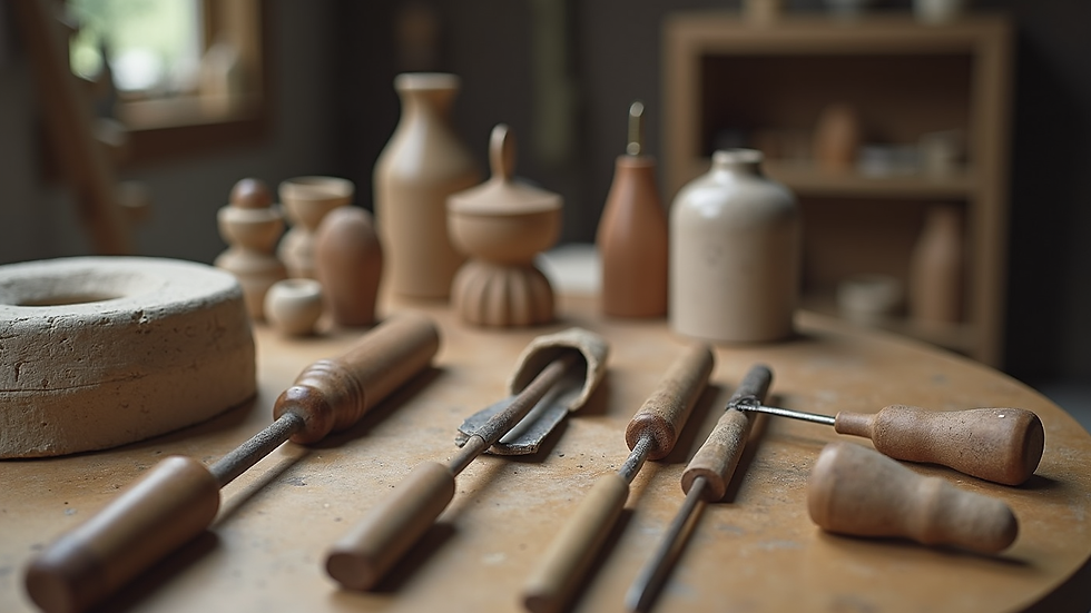 Eye-level view of various sculpting tools arranged on a wooden table