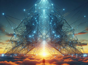 An AI generated image of a man standing in front of a giant high-tech structure