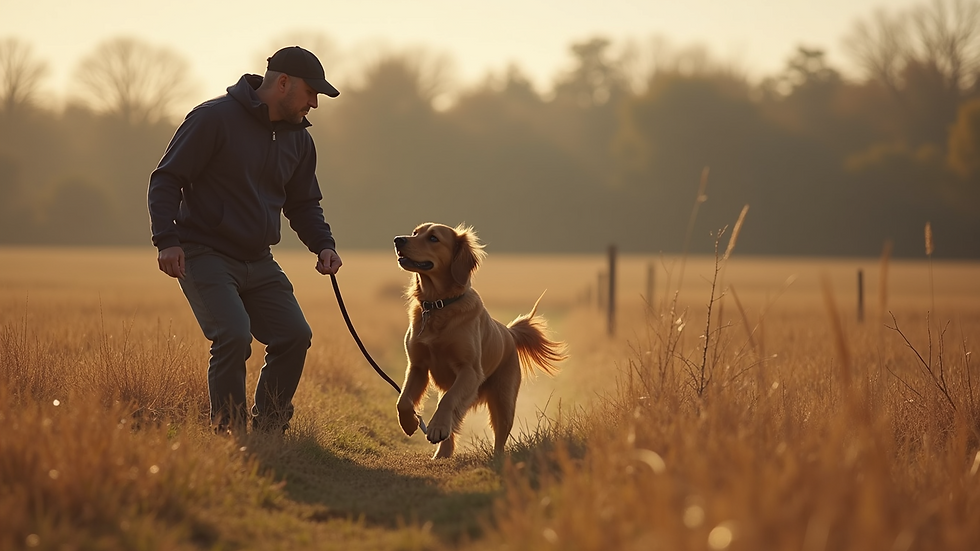 Close-up view of a dog trainer working with a retriever in a training field