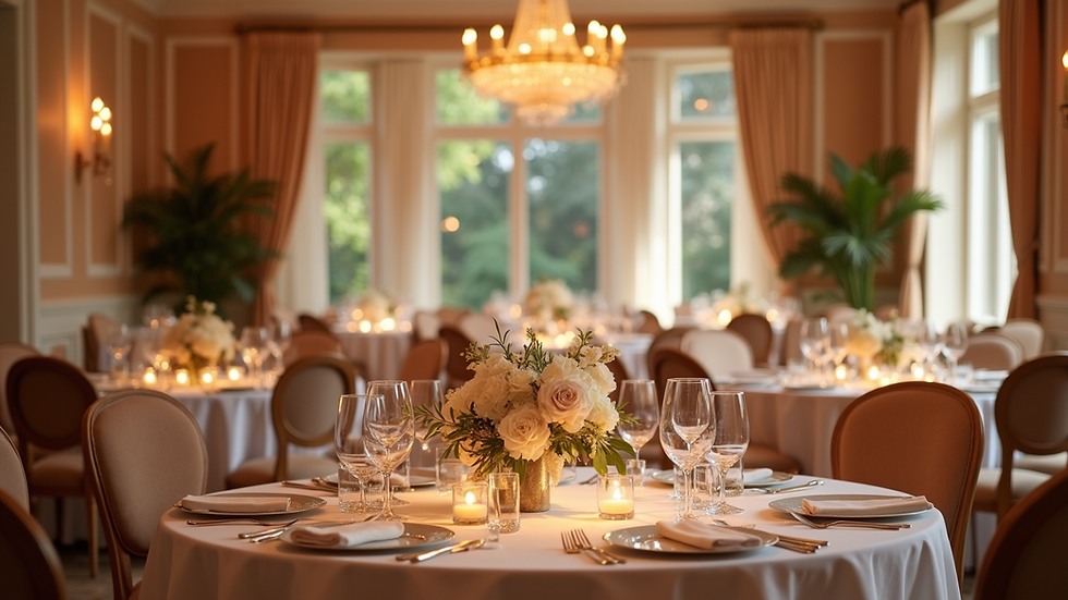 Eye-level view of a beautifully decorated event space with elegant table settings