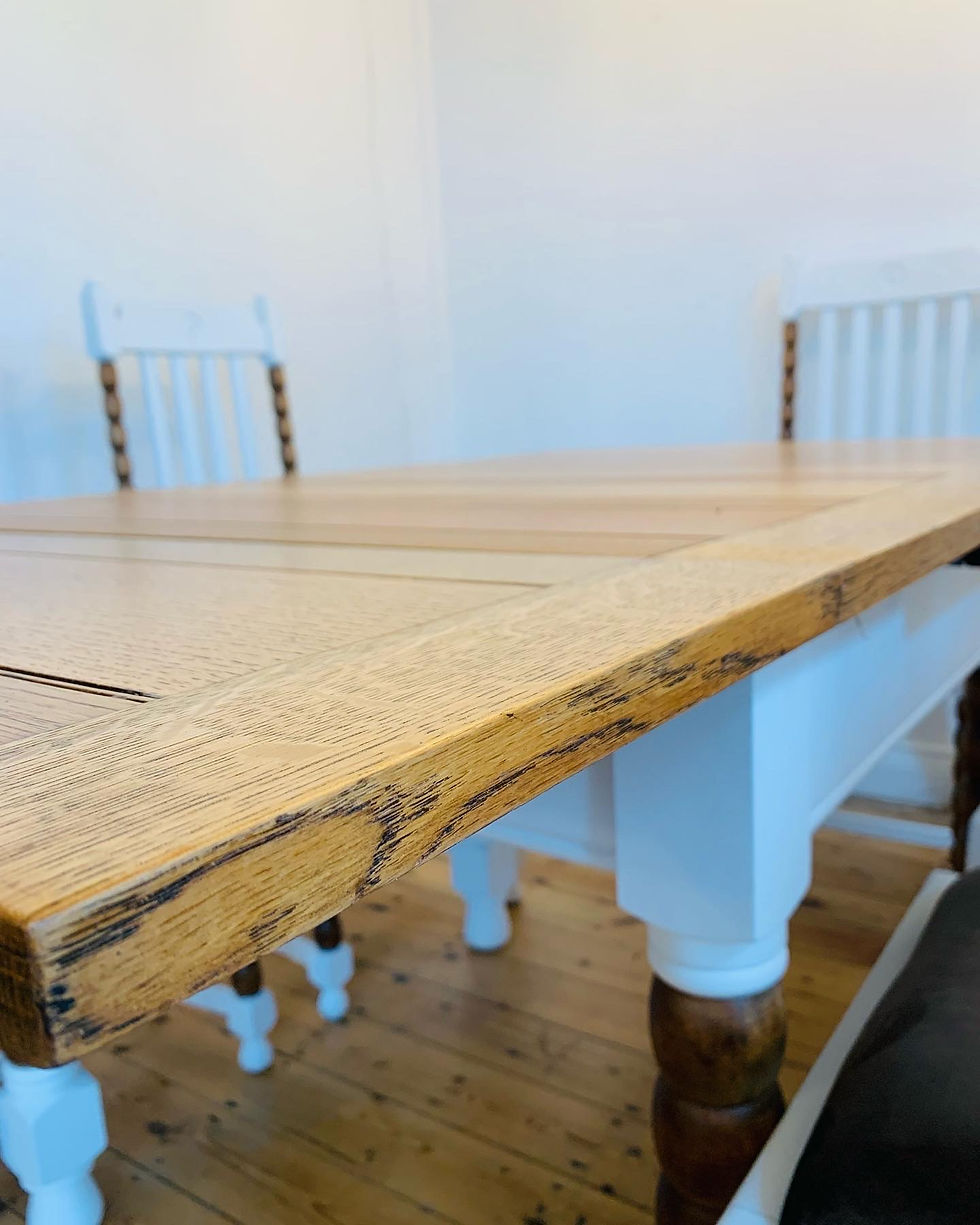 Thumbnail: 1920’s English Oak Bobbin Table + 6 Chairs