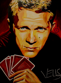A Painting Of Steve McQueen holding playingcards with the King Of Hearts