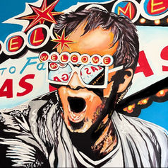 Bold, colorful portrait of Elton John wearing oversized statement sunglasses at night, created by Stacey Wells in a high-contrast pop art style with rich, saturated tones and dramatic lighting; glamorous, rock-and-roll–inspired statement artwork from the Reflect Your Passion series.