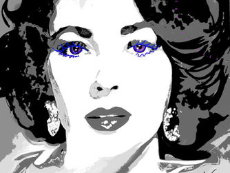 Elizabeth Taylor pop culture art in black and white with bold violet and electric blue hand-applied accents, original artwork by Stacey Wells