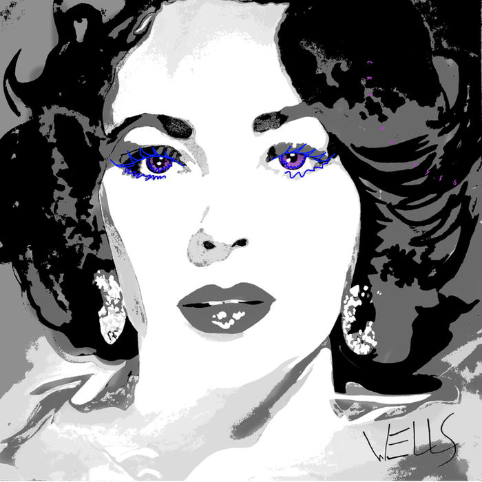 Elizabeth Taylor pop culture art in black and white with bold violet and electric blue hand-applied accents, original artwork by Stacey Wells