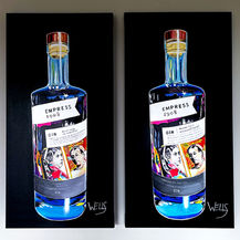Two paintings of the Empress Gin bottle. The Gin has an indigo colour which was insprired by the Pea Blossoms in the Empress Hotel's high tea.