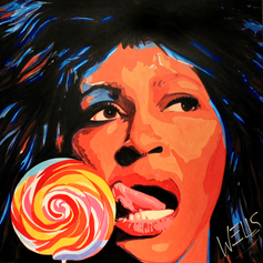 Pop art portrait of Tina Turner by Stacey Wells, larger-than-life with electric blue highlights, licking a lollipop, dynamic artwork celebrating her bold voice, presence, and iconic rock star persona.