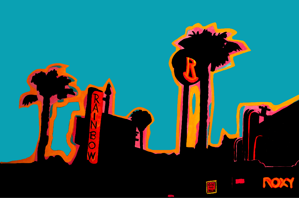 A painting of Iconic Venues, The Rainbow Bar And Grill, The Roxy and On Th Rox amidst the majestic Palm Trees on the Sunset S
