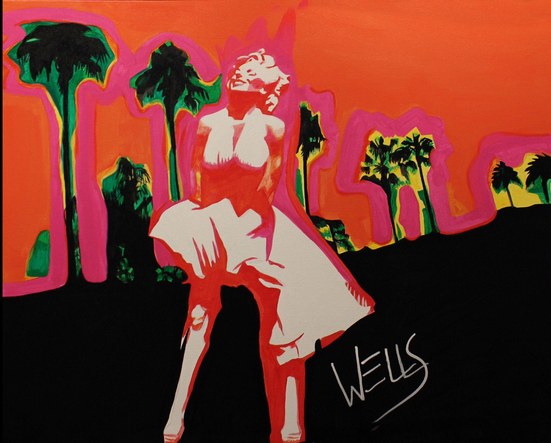 A pop art portrit of Marilyn Monroe with a palm tree background