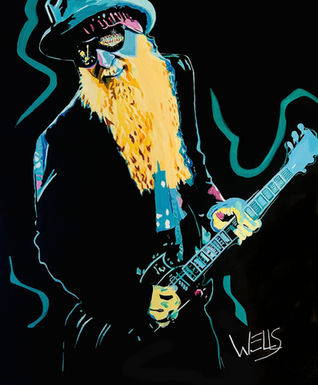 Billy Gibbons of ZZ Top playing his guitar in this rock star art by Stacey Wells. The deep black background comes alive with the pops of Teal and gold. He is wearing sunglasses reflecting the Las Vegas sign and his other lens reflects his dearly departed band mate Dusty Hill.