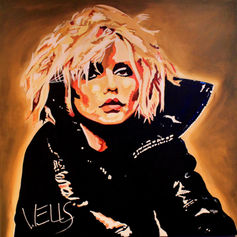 Deborah Harry of the hot 80s band ,Blondie. This cool art features a rocked out Blondie wearing tousled hair and a black leather jacket. 