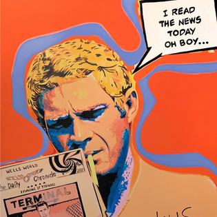 Pop culture art of Steve McQueen reading a newspaper. This art is a mixology of music , Vinatge Hollywood and the pop culture series Twilight Zone