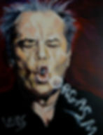 Jack Nicholson blowing a smoke ring that reads Orgasm. A painting on canvas.