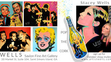 Collage featuring Stacey Wells vintage Hollywood and wine inspired artwork alongside photographs of the artist, showcasing her signature blend of music, pop culture, glamour, and contemporary fine art.