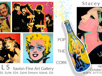 Collage featuring Stacey Wells vintage Hollywood and wine inspired artwork alongside photographs of the artist, showcasing her signature blend of music, pop culture, glamour, and contemporary fine art.