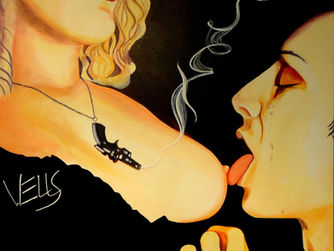 A painting of Sid Vicious and his sultry lover, Nancy Spungen. Nancy is wearing red lipstick and her signature Sex Pistols necklace. The smoke from the gun reads SEX, suggesting that the Sex Pistol, aka Sid Vicious, killed her. As Sid Vicious is licking her nipple, with a knife in hand, he is tenderly cupping her breast. Did Sid kill Nancy?