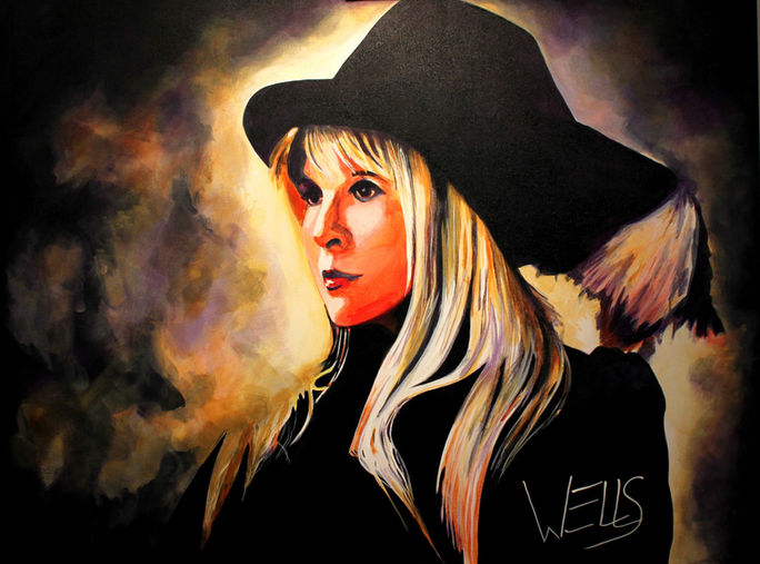 A painting of Stevie Nick surrounded by a warm glow.