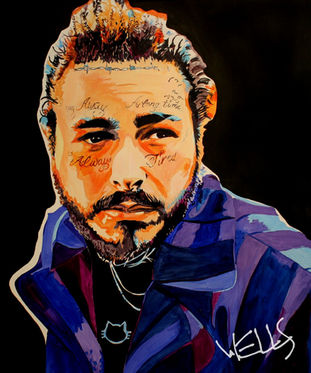 a painting of Post Malone wearing a purple jacket, his hair is made up of lyrics. Custom art by Stacey Wells