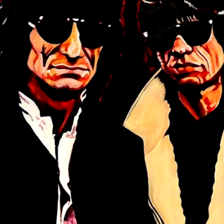 Mick Jagger and Ronnie Wood wearing cool shades, Mick in a puffy coat with turned-up collar, Ronnie in a suit jacket, vibrant pop art portrait titled “Cool Kats” by Stacey Wells with burgundy aura highlighting their rock-and-roll chemistry.