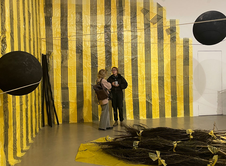 Sonder Ground’s use of three materials was ignited by my mother gifting me a roll of stripy plastic bags used for clinical waste. She thought I would like the printed lines. I was drawn to their static electricity. A couple of days later she had a major stroke. In my studio I had been using the shrub, Broom, whose Gaelic Ogham name Ngetal, denotes the plant’s healing properties and magical powers. Both materials are used as tools for cleaning and contain sulphur. Whilst sulphur is a mineral essential for life, it is also noxious. Its misuse can have negative consequences on our bodies. I am using mustard powder as an alternative, to remind us of the need to care for our planet.