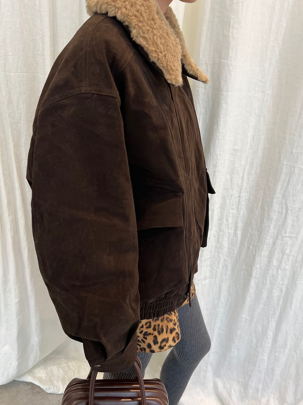 Thumbnail: Brown Suede Bomber Jacket