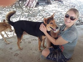 Brooke (one of our volunteers) is crouching petting Doris, one of our resident dogs