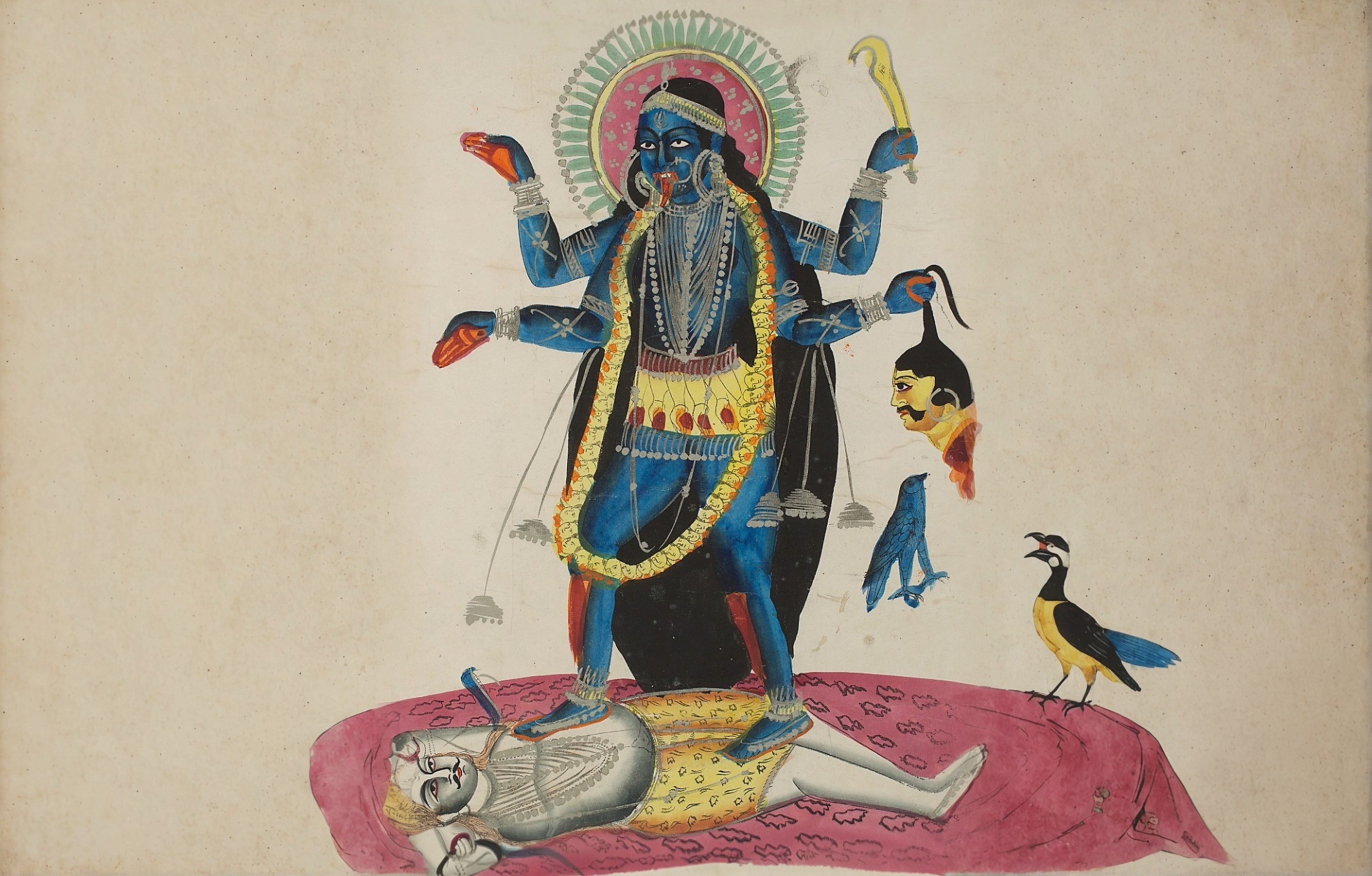 The benevolent form of Kāli, worshipped in Bengal, standing on Shiva with her right foot forward, symbolizing protection