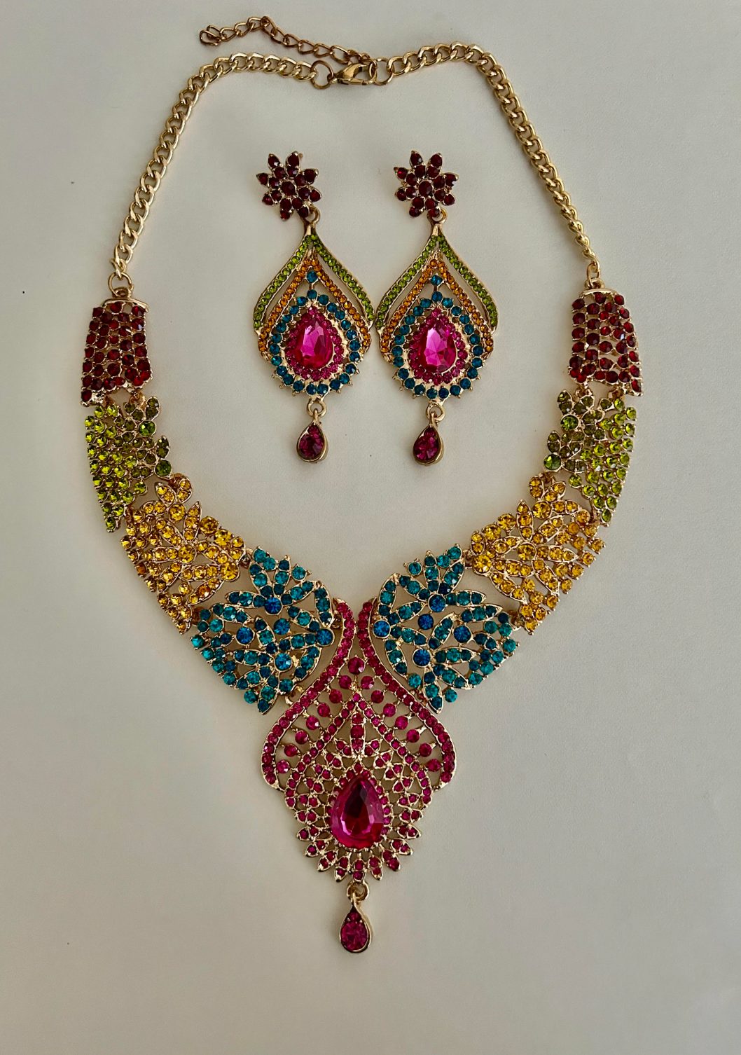 Colourful Peacock Feather Necklace Set