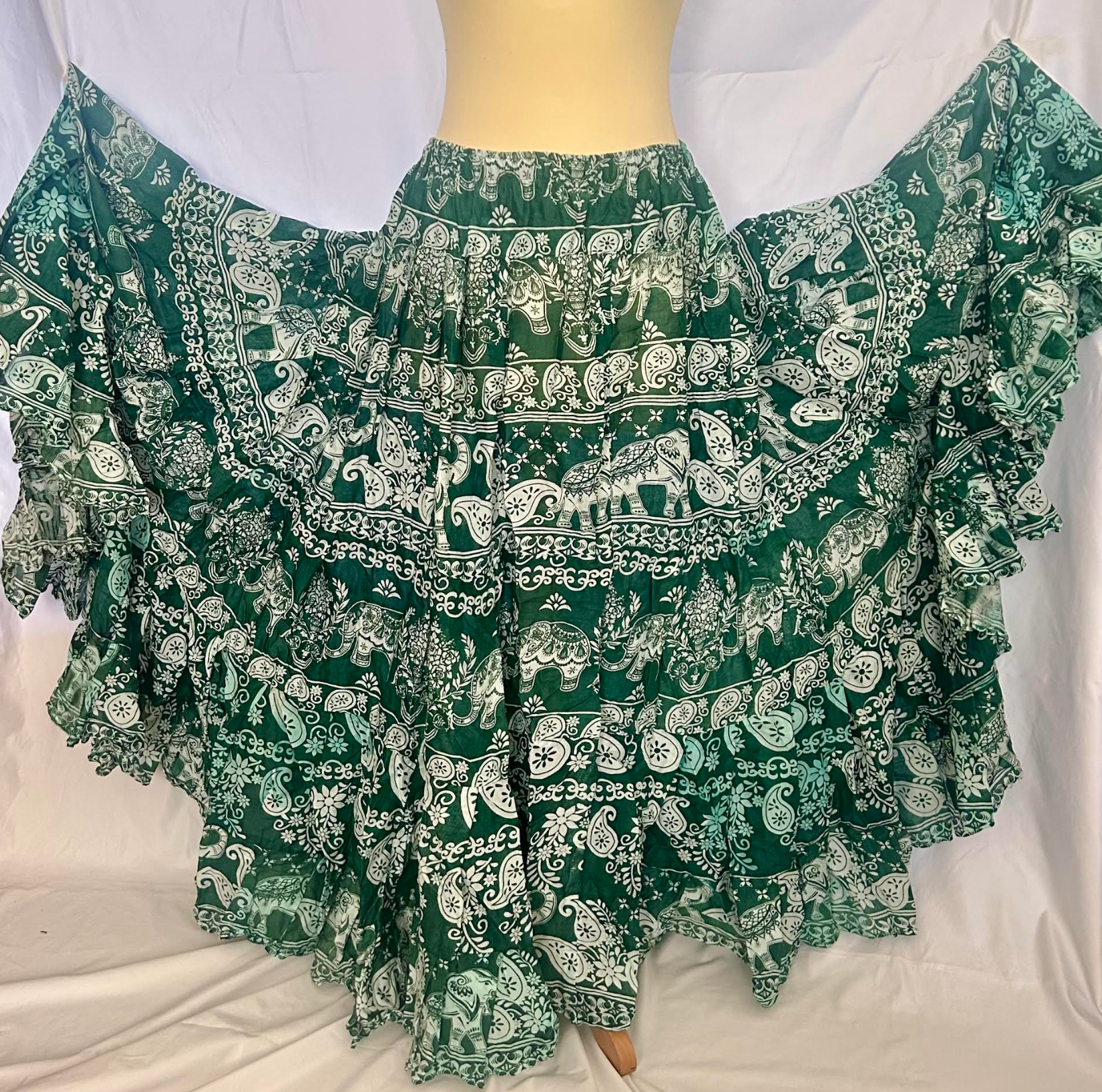 Elephant Block Print Design 25 Yard Skirt - Green 38" Long