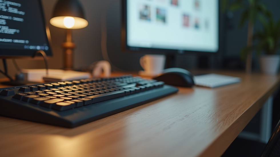 Close-up view of a desktop computer keyboard and mouse on a wooden desk