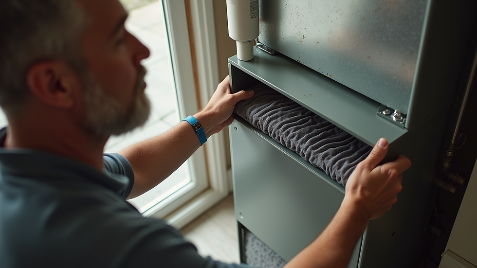 High angle view of a homeowner checking a furnace filter