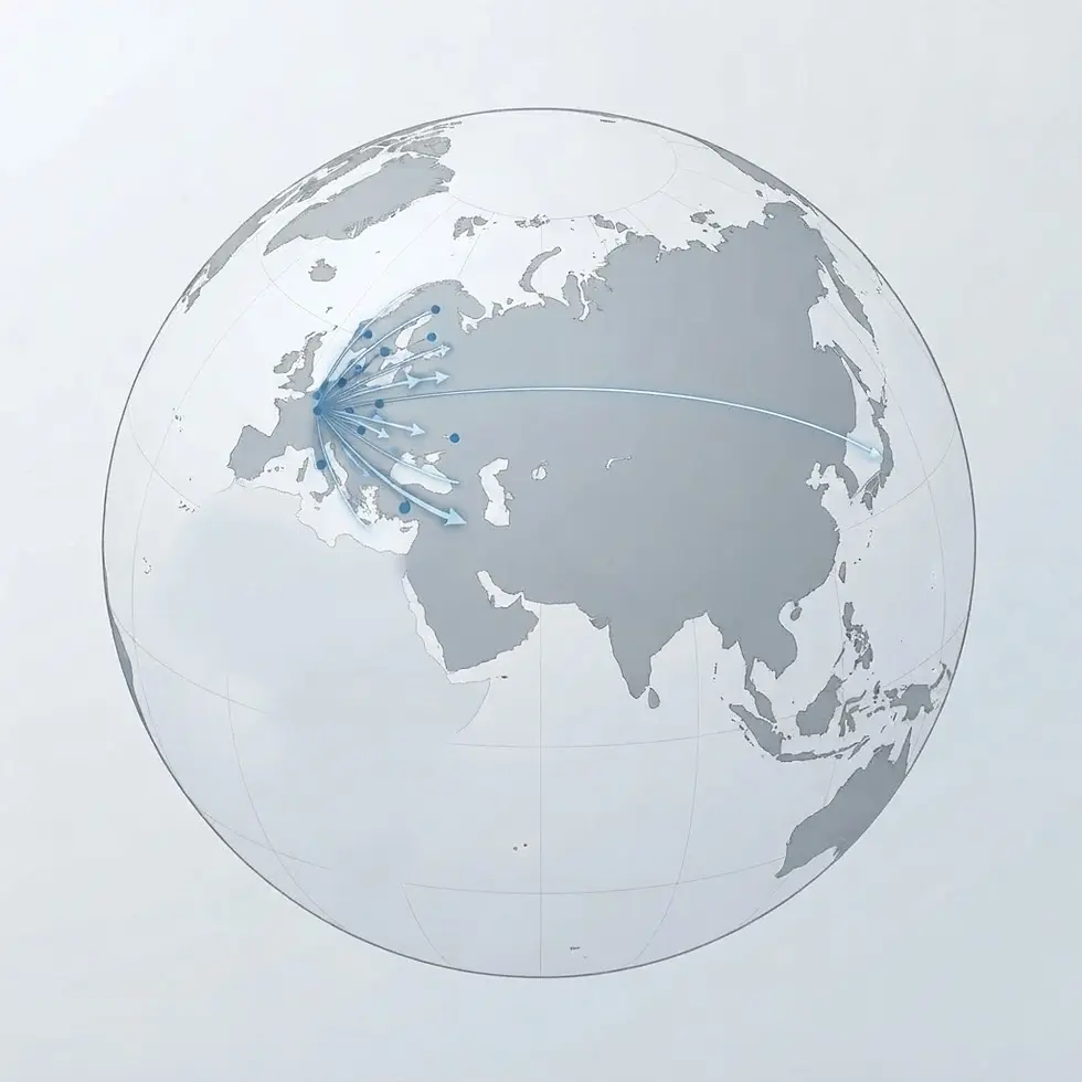Digital illustration of a globe representing international networks. Lines connect Europe to various global locations, suggesting global reach.