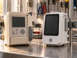 Dos bombas de infusión del mismo tipo, un modelo anterior y uno reciente, sobre un banco de trabajo de ingeniería biomédica.