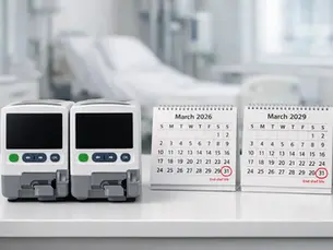 Vida útil de dispositivos médicos: dos bombas de infusión y dos calendarios con fechas de “end shelf life” en marzo de 2026 y marzo de 2029.