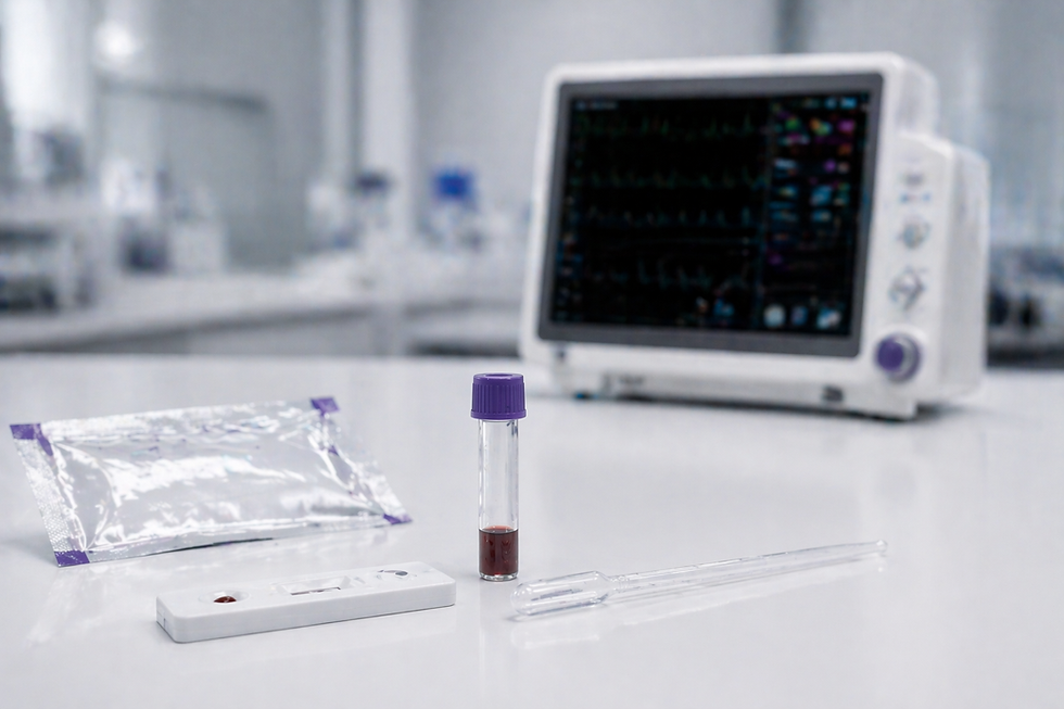 Imagen de un reactivo de diagnóstico in vitro tipo prueba rápida con cassette, tubo de muestra y pipeta sobre superficie clínica limpia, acompañado de un monitor multiparámetro en segundo plano. La composición representa la diferencia funcional y regulatoria entre reactivos de diagnóstico (IVD) y dispositivos médicos según el marco de los Decretos 4725 y 3770.