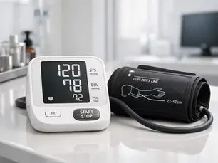 Tensiómetro digital no invasivo en primer plano dentro de un entorno clínico moderno, estilo editorial premium. Imagen conceptual para un blog sobre clasificación de riesgo de dispositivos médicos no invasivos conforme al Decreto 4725 (artículo 7, División A, reglas 1 a 4).