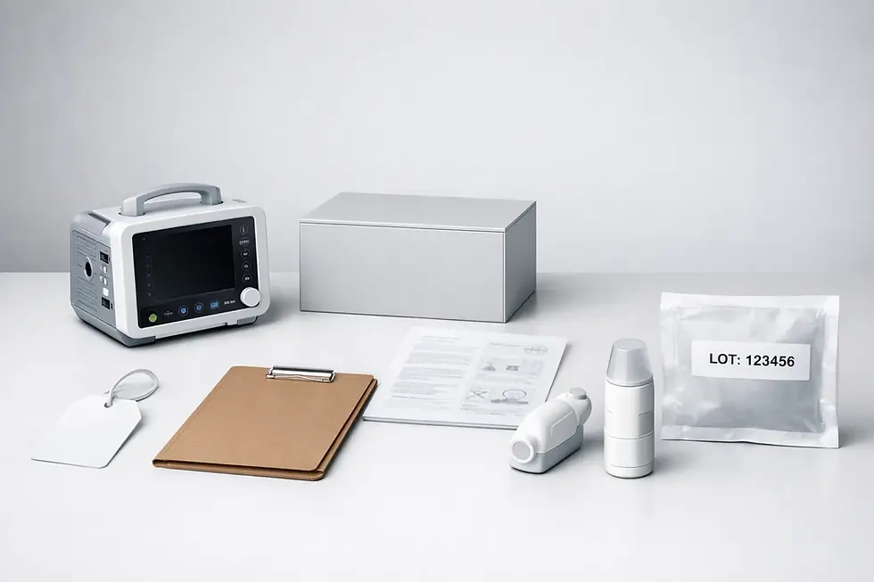 Composición editorial con equipo biomédico, documentación técnica, variantes físicas del producto y empaque con lote visible sobre mesa limpia. La escena representa definiciones regulatorias asociadas con trazabilidad, soporte documental y alcance del dispositivo médico.