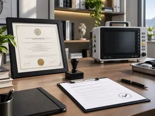 Certificado profesional enmarcado con sello dorado, un sello de caucho y un portapapeles con lista de verificación sobre un escritorio, junto a un monitor de signos vitales.
