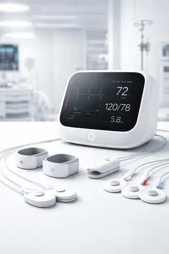 Dispositivo médico no invasivo para monitoreo de signos vitales con sensores biomédicos y pantalla digital en entorno clínico, conforme a regulación INVIMA.