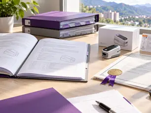 Dossier técnico abierto junto a su traducción al castellano con el mismo diagrama, un certificado con sello de apostilla y cinta, un sello notarial con tampón y un oxímetro de pulso con su caja e instrucciones sobre una mesa de trabajo regulatorio
